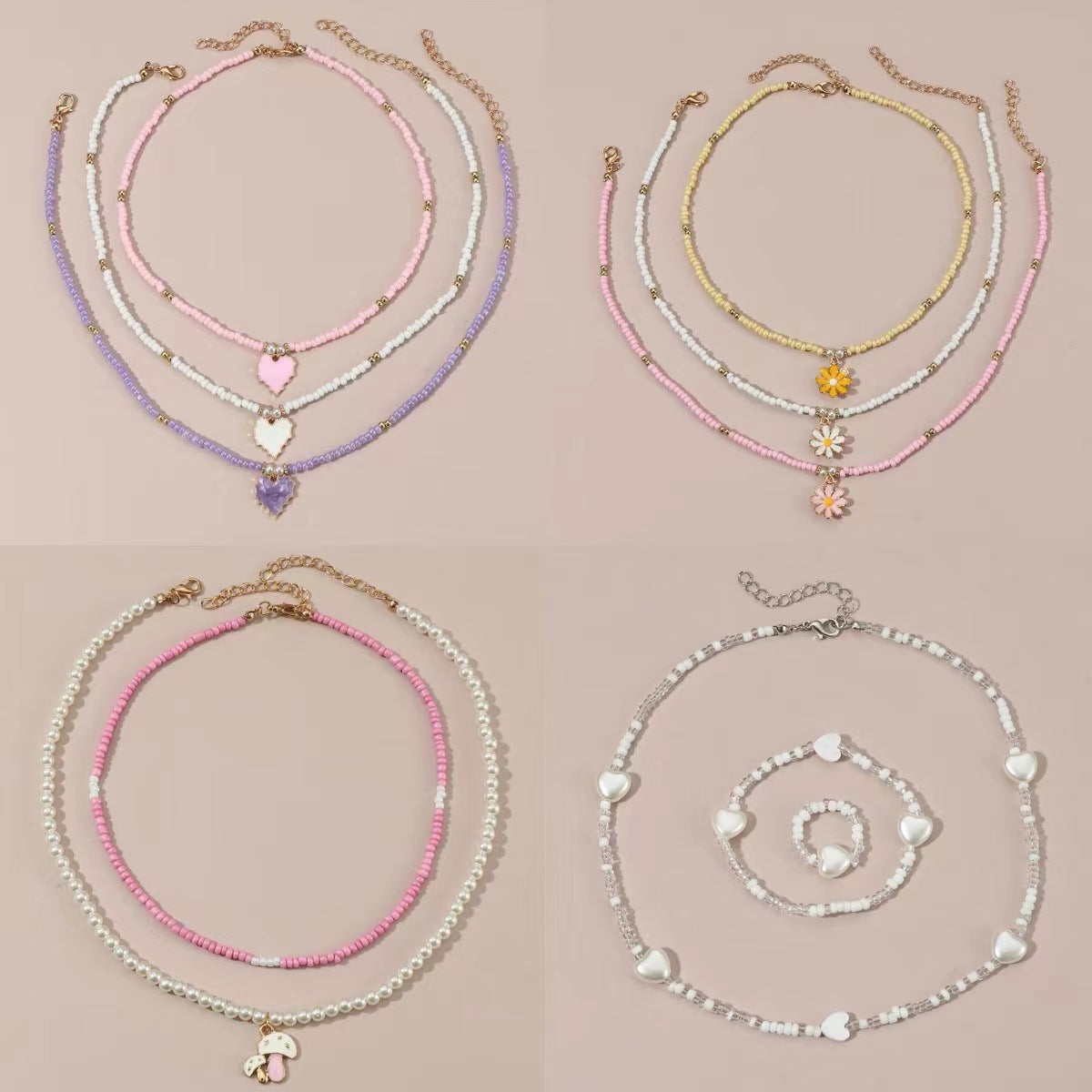 Collar minimalista de mariposa y corazón para niños con dije de aleación y cuentas de perlas en cadena de bolitas