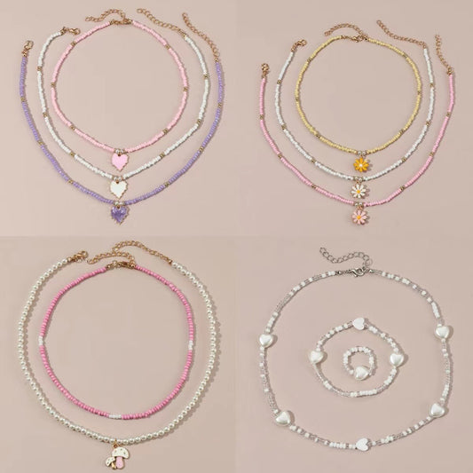 Minimalist Butterfly and Heart Pendant Necklace for Kids with Alloy Charm and Pearl Beads on Ball Chain