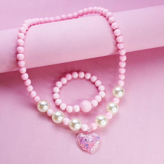 Sweet Heart-Shaped Resin Necklace for Children with Round Bead Chain Adjustable Length Princess Style Accessory
