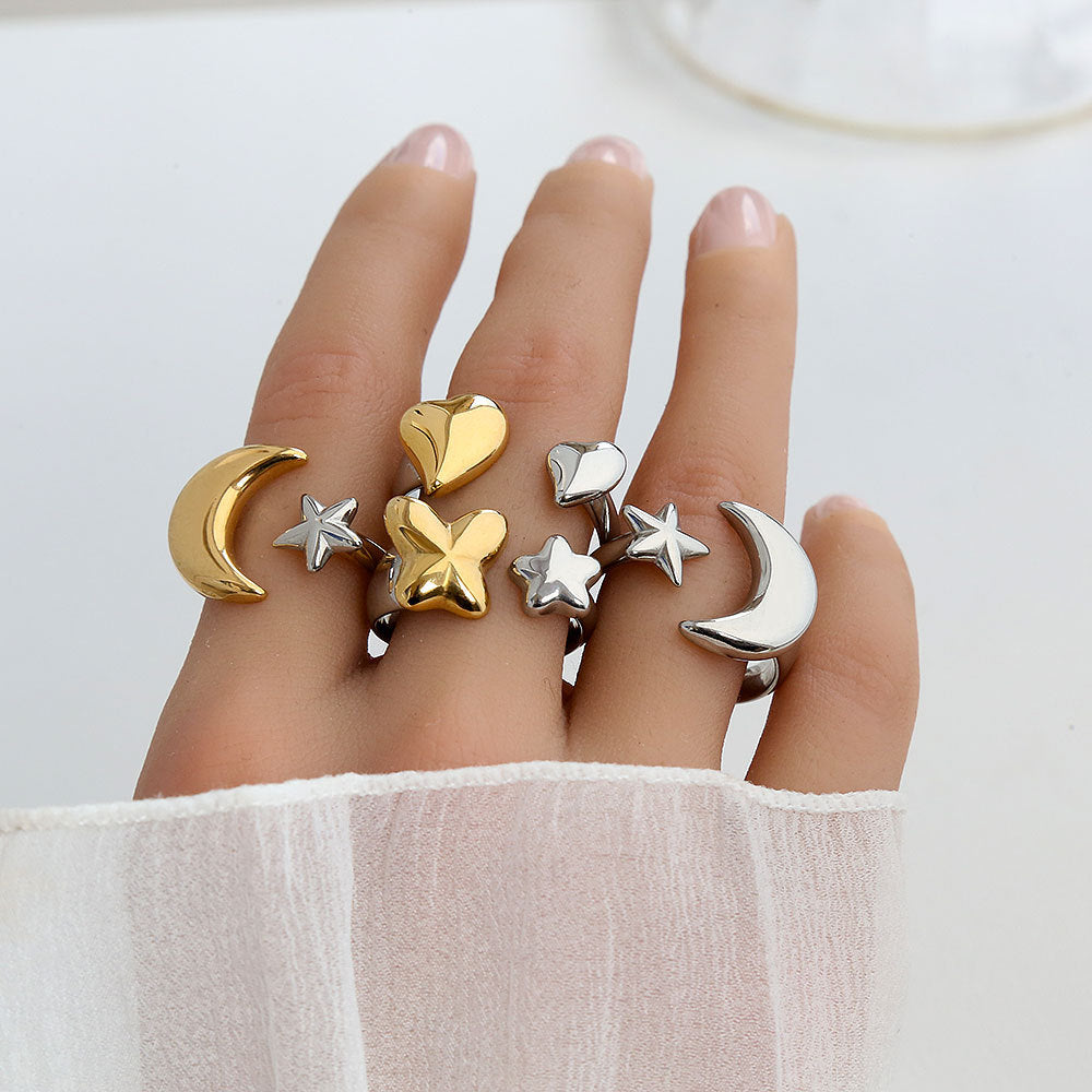 Anello Aperto Regolabile a Stella e Luna Geometrico Minimalista con Finitura Placcata in Acciaio Inossidabile 304 per Unisex
