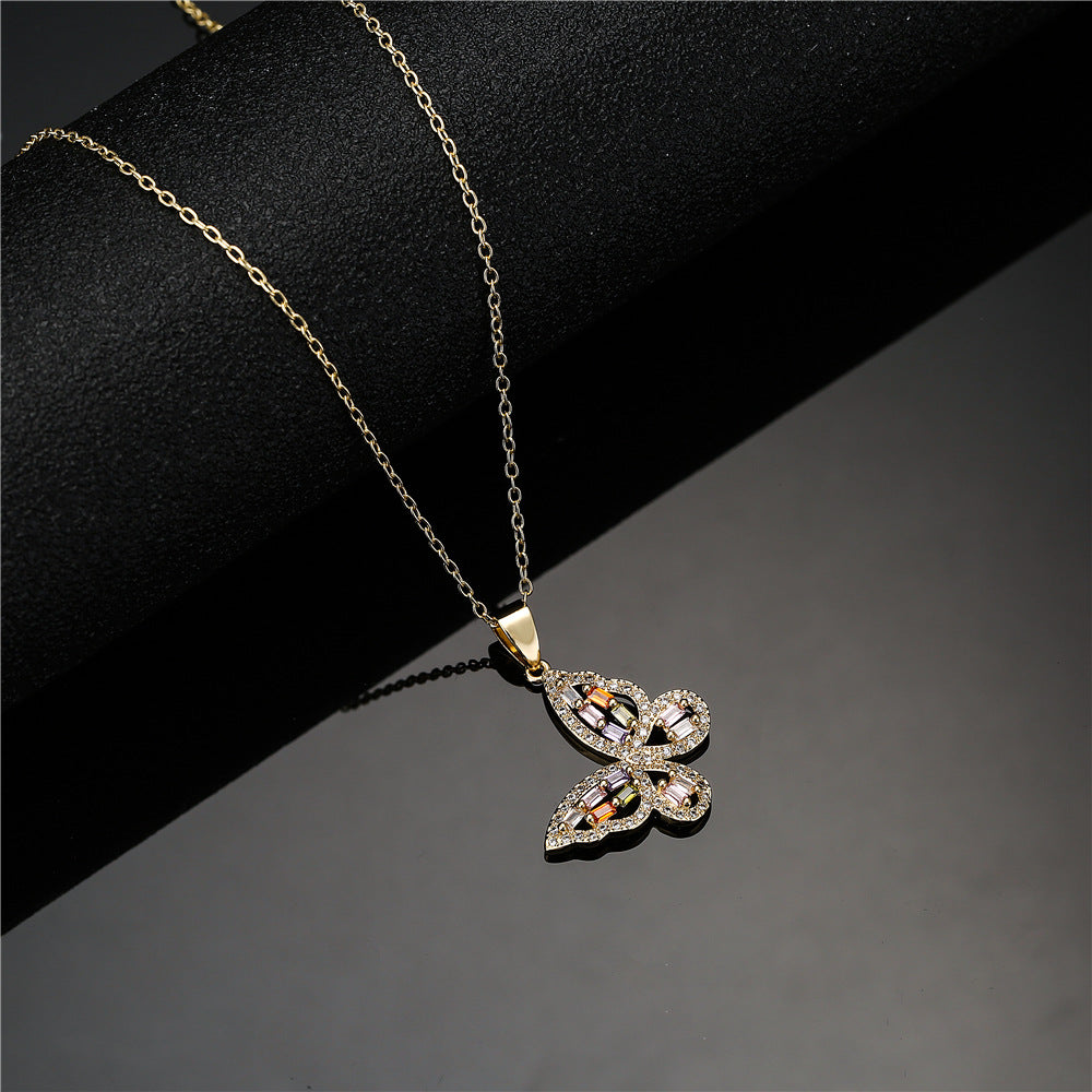 Elegant Gold Plated Brass Geometric Butterfly Necklace with Colorful Square Cubic Zirconia Inlay on Cable Chain