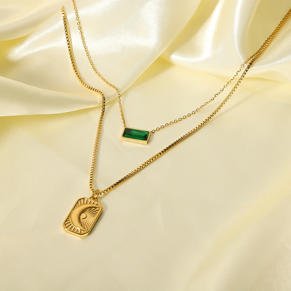Collana Minimalista con Ciondolo Luna e Sole in Acciaio Inox Geometrico a Doppio Strato con Catena a O per Donna