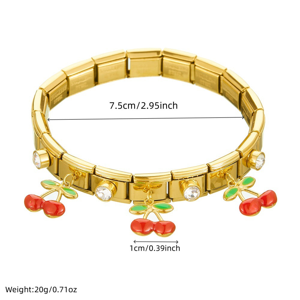 Sweet Cartoon Drip Oil Cherry Rhinestone Plated Stainless Steel Geometric Round Square Bracelet