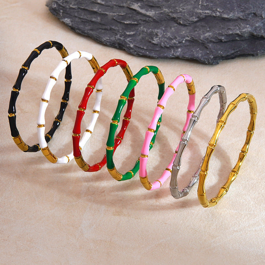 Fashion Casual Elegant Geometric Drip Oil PVD 18K Gold Stainless Steel Bamboo Bangle