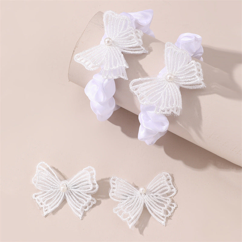 Set di Accessori per Capelli a Fiocco Minimalista per Bambini con Organza Ricamata e Dettagli in Strass