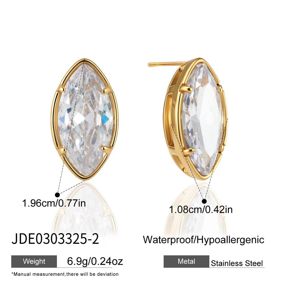 Elegant Geometric Oval Rhinestone Inlay Titanium Steel Stud Earrings PVD Gold Plated