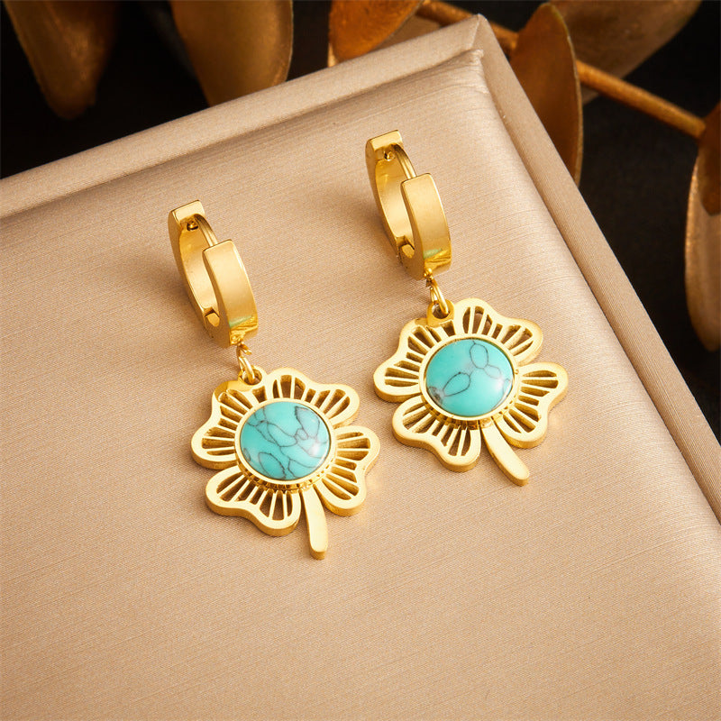 Vintage Fashion Stainless Steel Clover Round Turquoise Pendant Earrings
