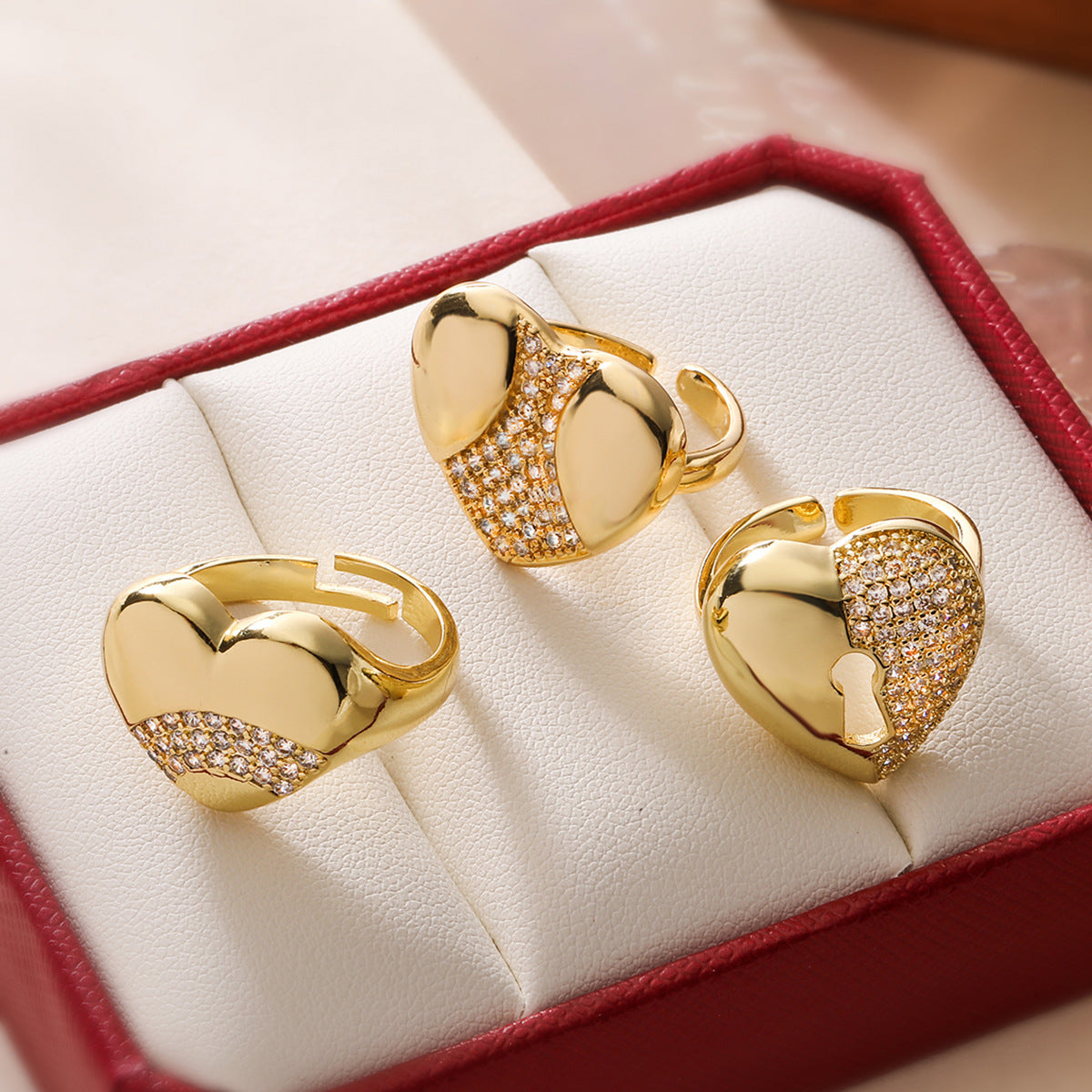 Minimalist Heart-Shaped Copper Ring with 18K Gold Plating and Micro-Paved Zirconia for Women