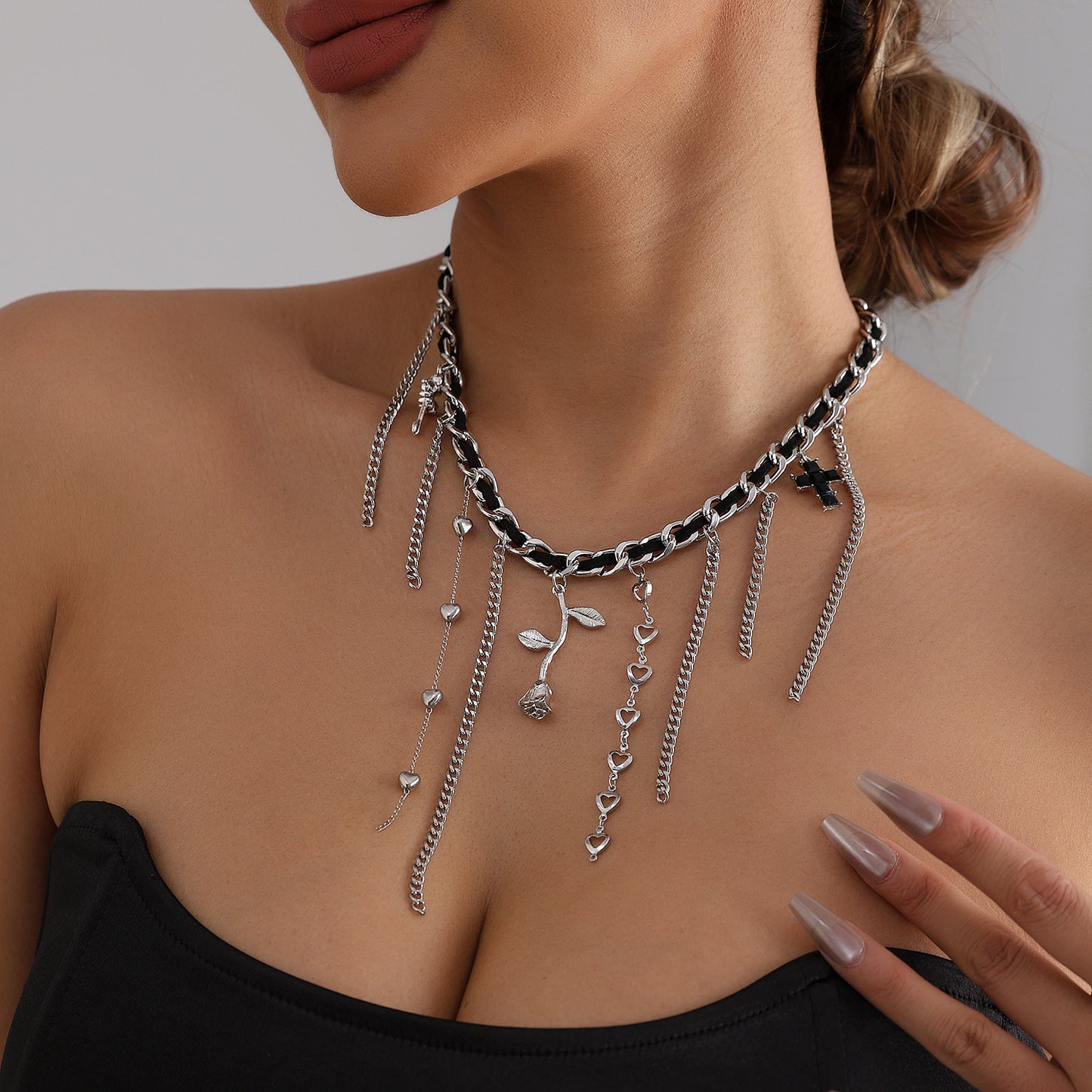 Casual Alloy Plated Cross Heart Geometric Floral Pendant Necklace with Tassel for Women