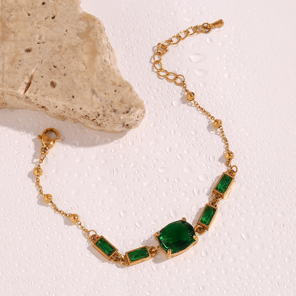 Pulsera de circonita ovalada y rectangular minimalista de moda para mujer en acero inoxidable con baño de oro de 18 quilates