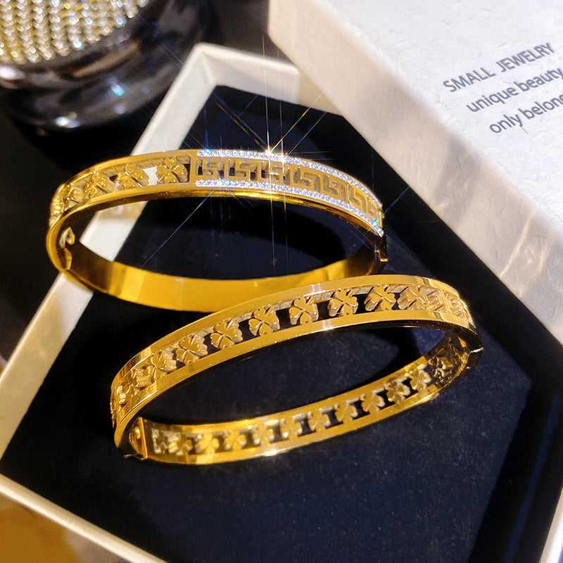 Luxury Paved Rhinestone Greek Key Hollow Clover Titanium Steel Bracelet for Women