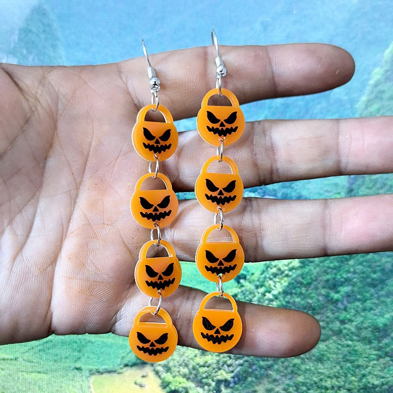 Halloween Pumpkin Skull Tassel Long Earrings for Women Acrylic Carved Statement Earrings