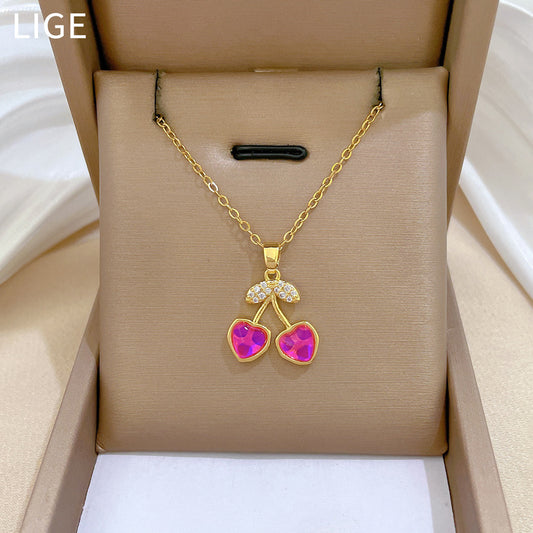 Minimalist Geometric Titanium Steel Necklace and Earrings Set with Rhinestone Inlay for Women