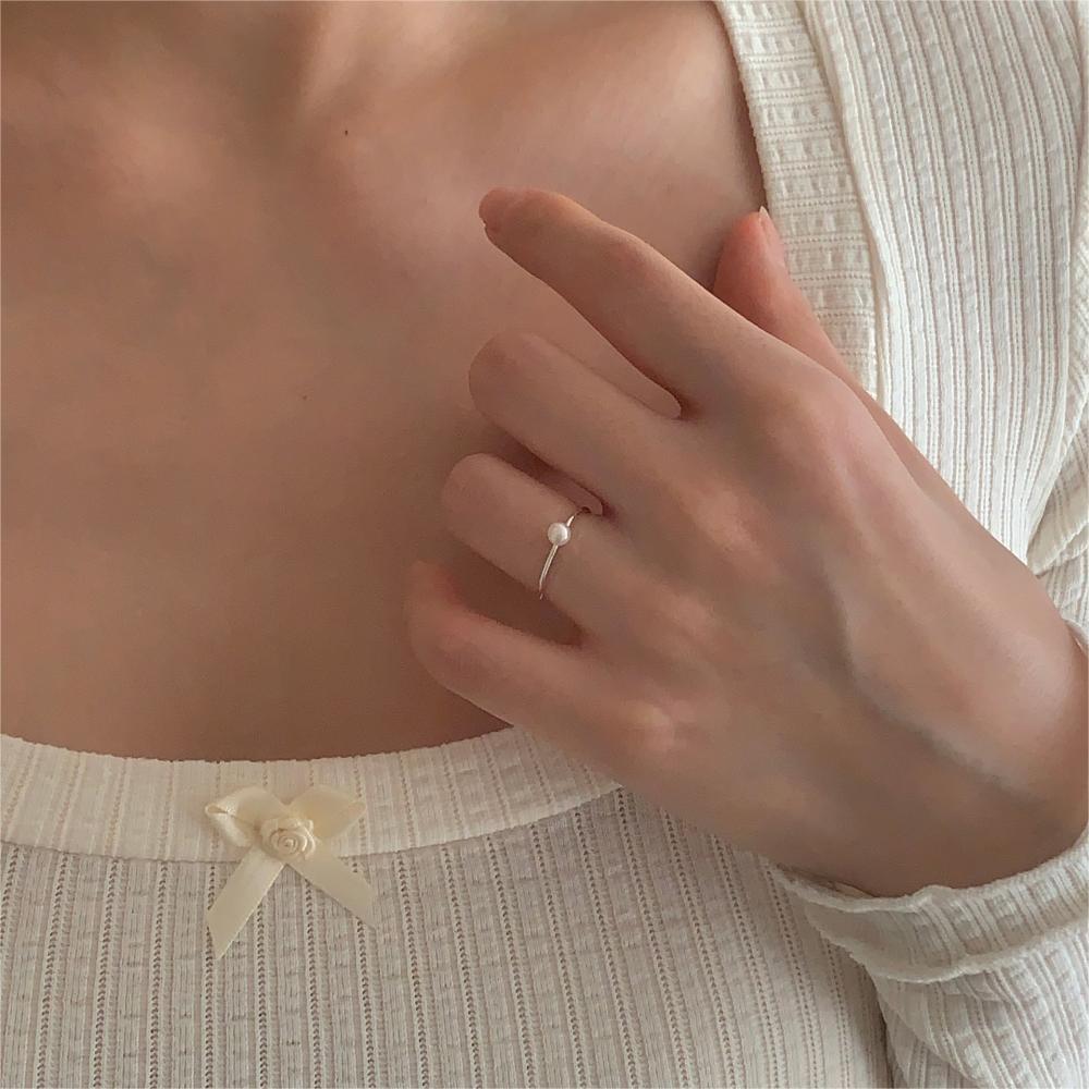 Minimalist Sweet 925 Sterling Silver Round Inlaid Pearl Ring for Women