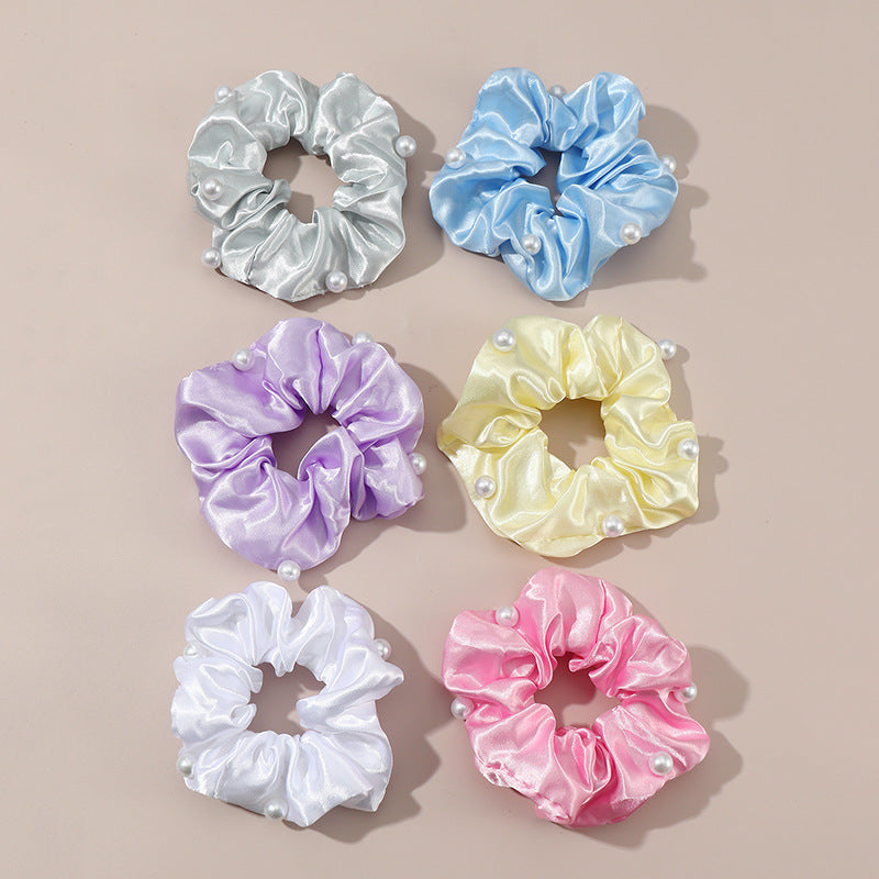 Set di Elastici per Capelli in Tessuto con Perle e Finitura Satinata Colori Caramella per Bambini