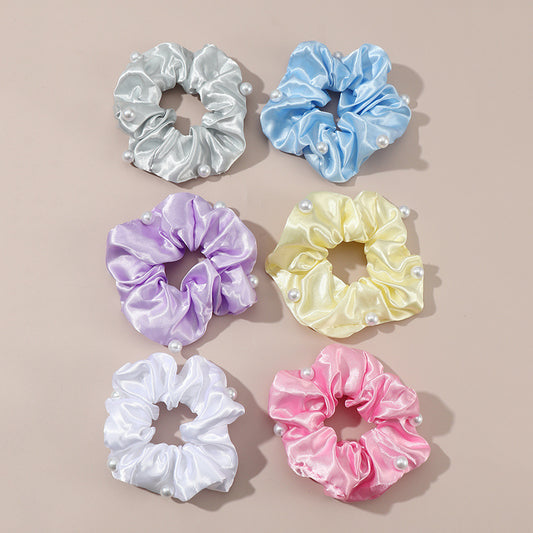 Set di Elastici per Capelli in Tessuto con Perle e Finitura Satinata Colori Caramella per Bambini