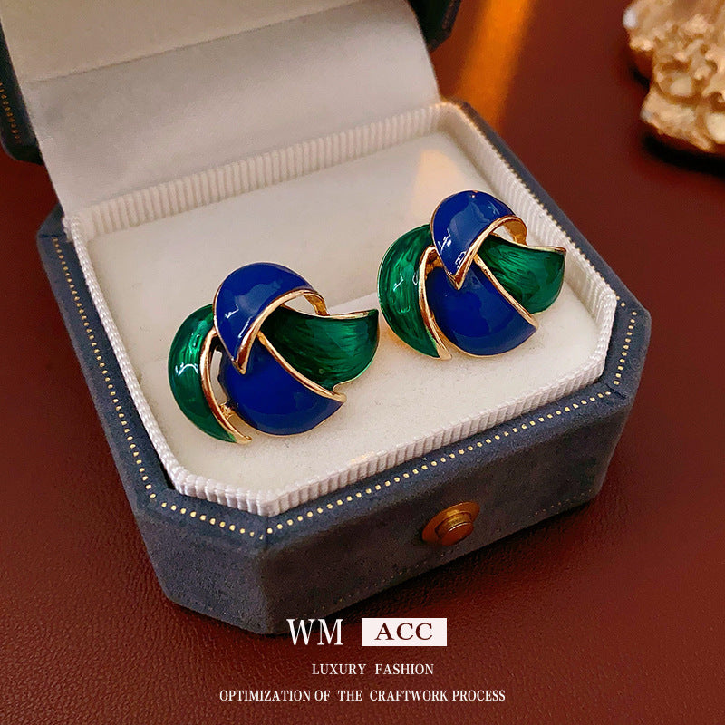 Chic Geometric Enamel Blue Green Contrast Stud Earrings for Women with Stainless Steel Posts