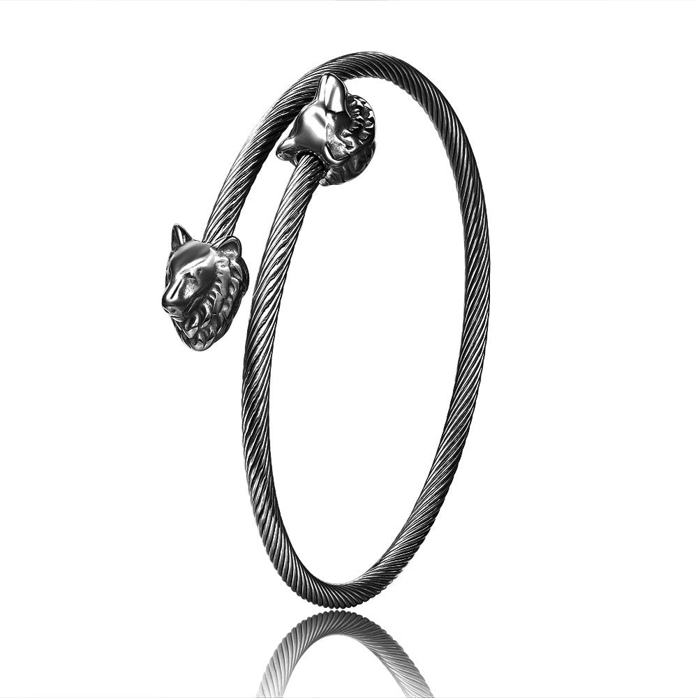 Minimalist Streetwear Titanium Steel Plated Wolf Head Open Cuff Bracelet for Men and Women