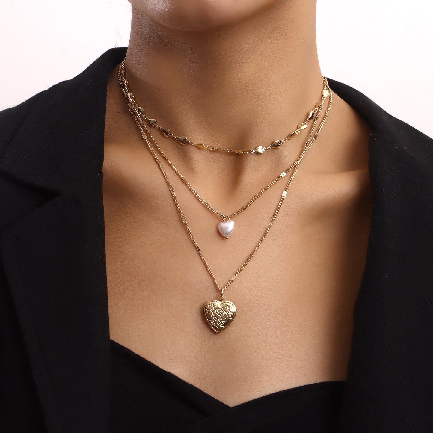 Charming Multi-Layer Heart-Shaped Pendant Necklace with Pearl Accents and Openable Charm for Women in Alloy with Plated Finish