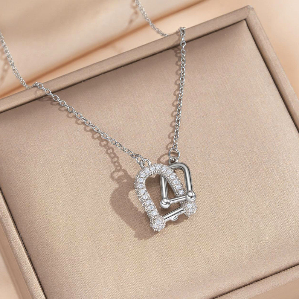 Light Luxury Fashion Double Ring U-Shape Horseshoe Copper Zircon PVD Gold Plated Pendant Titanium Steel O-Chain Necklace for Women