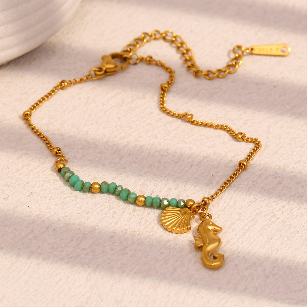Fashionable Geometric Stainless Steel Plated 18K Gold Seahorse Pearl Bracelet for Women