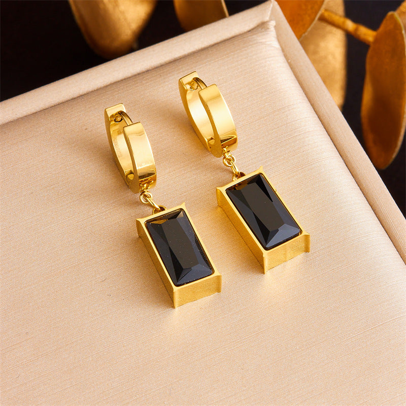 Vintage-Style Geometric Black Gemstone Pendant Stainless Steel Earrings for Women