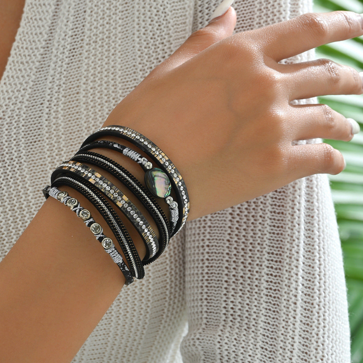Bohemian Style Geometric Leather Bracelet with Rhinestone Inlay for Women Vintage Artistic Multi-Layer Stackable Wristband