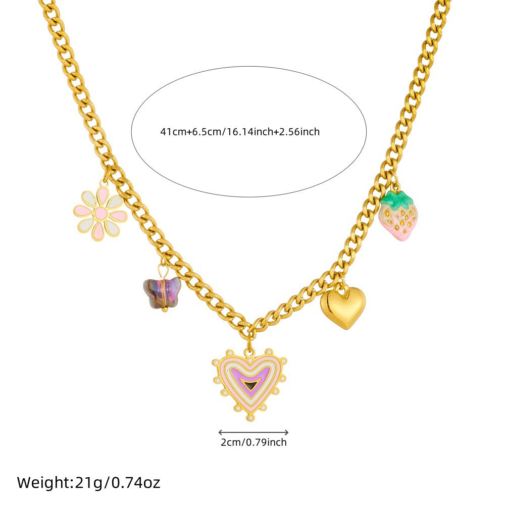 Sweet Gradient Strawberry Floral Heart Pendant Necklace in Stainless Steel with Plated Finish