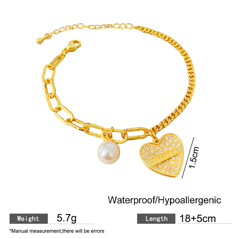 Sweet Minimalist Heart Letter Cubic Zirconia Pearl Plated Titanium Steel Bracelet