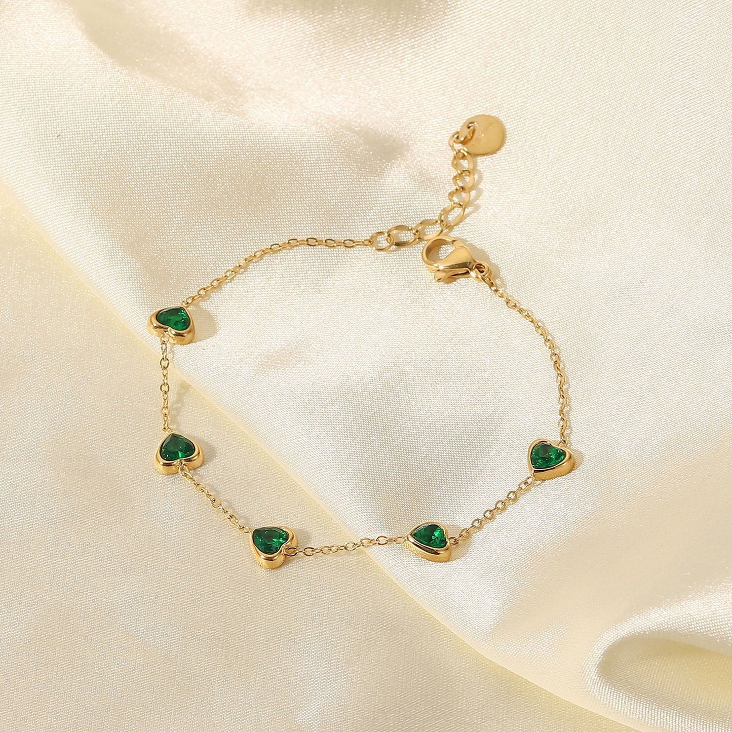 INS Style Geometric Titanium Steel Bracelet with 14K Gold Plating and Green Zirconia Accents for Women