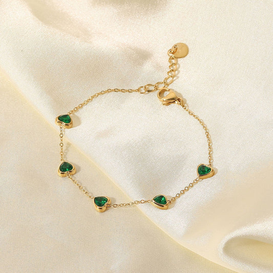 INS Style Geometric Titanium Steel Bracelet with 14K Gold Plating and Green Zirconia Accents for Women