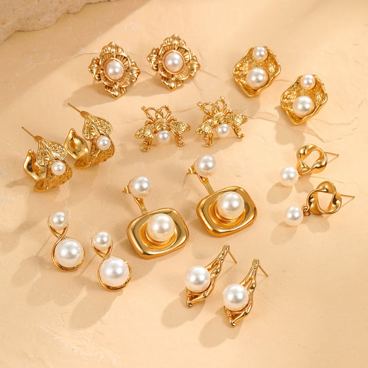 Orecchini da donna in acciaio inossidabile ispirati al vintage con ape e forme geometriche, placcati in oro 18 carati