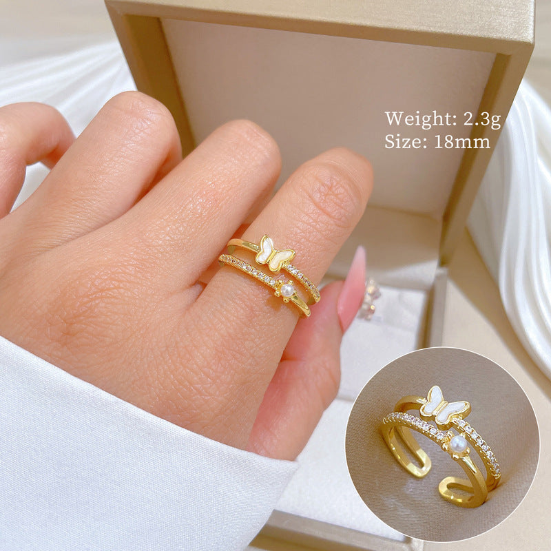 Sweet Minimalist Gold Plated Brass Butterfly Rhinestone Adjustable Ring for Women and Couples