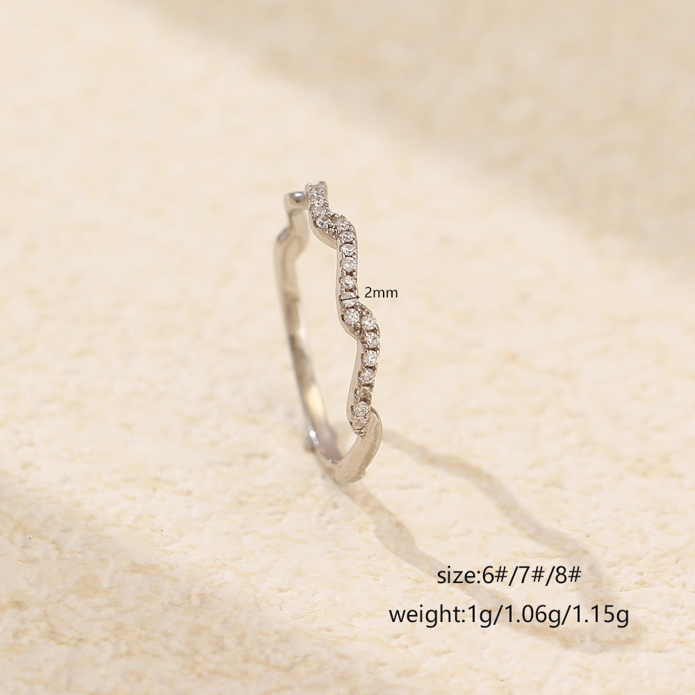 Minimalist Geometric Wave-Textured S925 Sterling Silver Ring for Women with Rhinestone Inlay, Stackable Index Finger Band