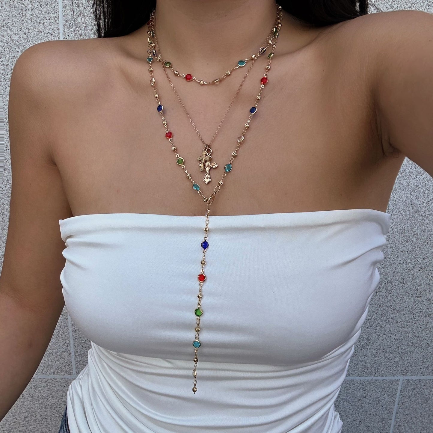 Collana da donna casual colorata a doppio strato con pendente geometrico a croce e nappa a Y