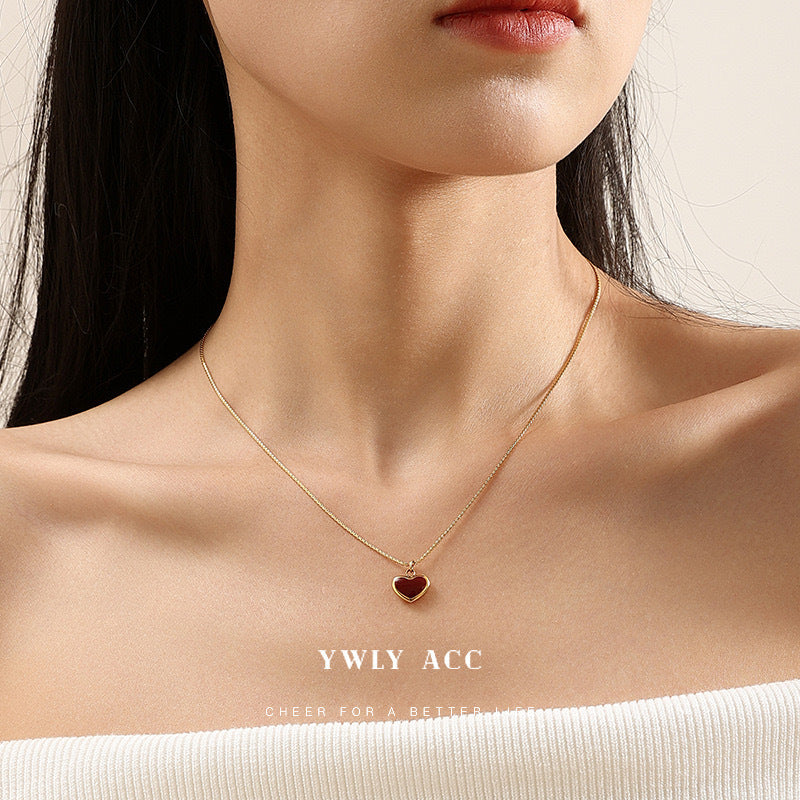 Minimalist Heart-Shaped Enamel Pendant Necklace in Titanium Steel with Snake Chain for Women