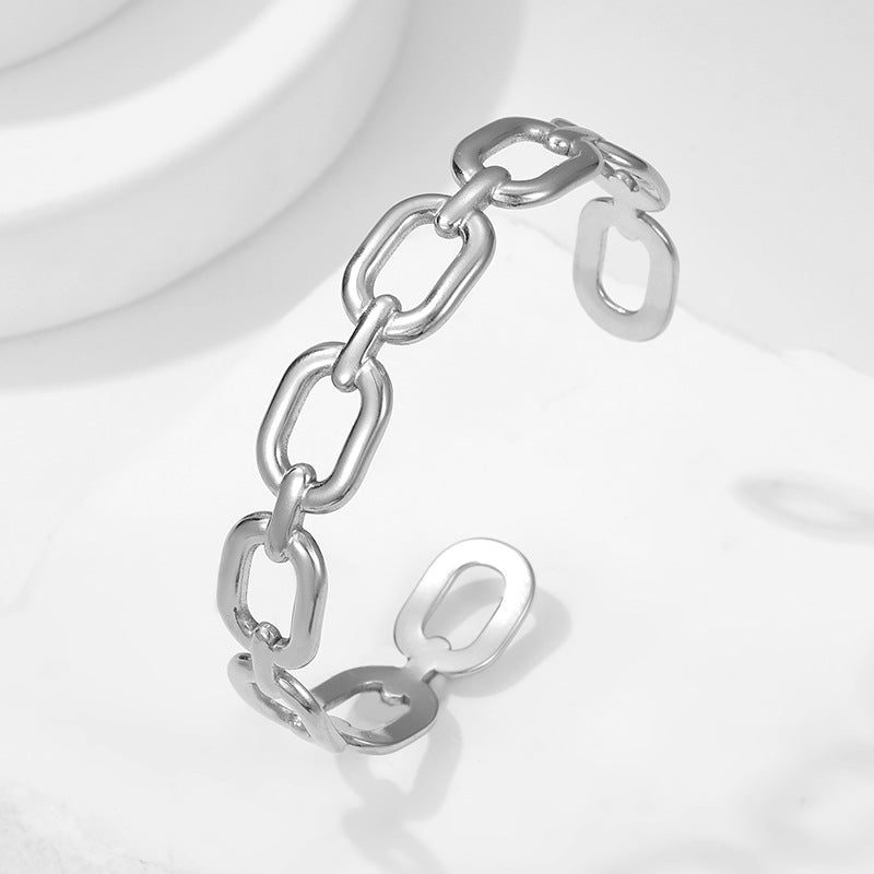 Minimalist Titanium Steel Open Bangle Bracelet for Women with Plated Finish and Chain Detail