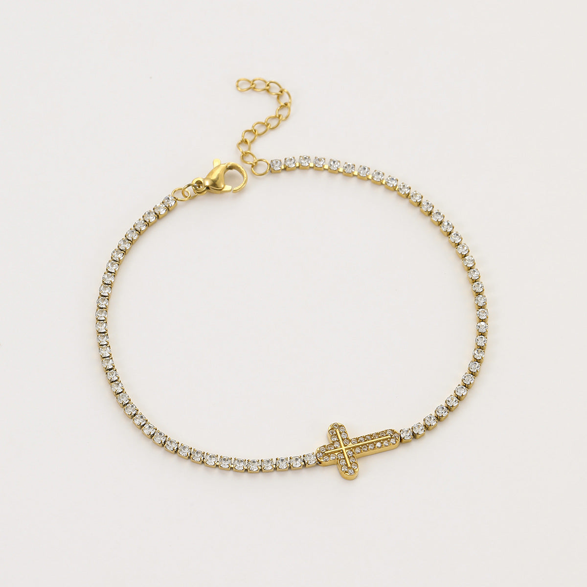 Fashionable Geometric Cross Bracelet in Stainless Steel with Rhinestone Inlay and Gold Plating for Women