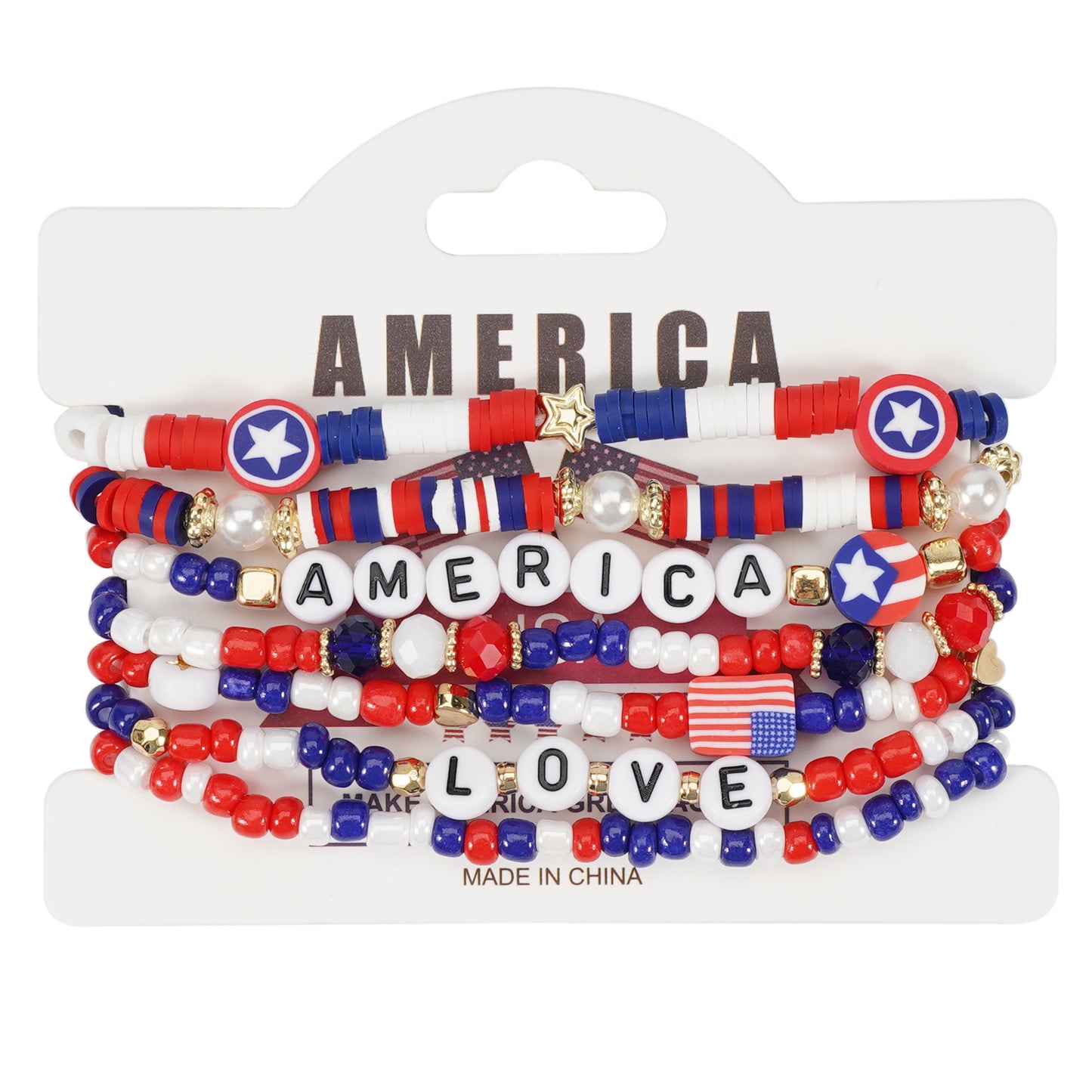 Bracciale Geometrico con Perline di Vetro Unisex con Charm Bandiera Americana Festa dell'Indipendenza