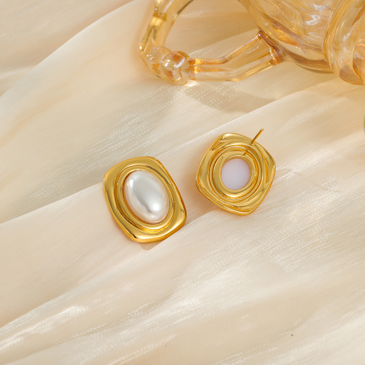 Vintage Geometric Square Oval Pearl Inlay Plated Stainless Steel Earrings for Women