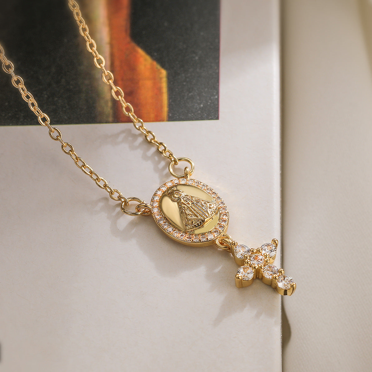 Minimalist Geometric Cross Pendant Necklace for Women with Copper Base Plated in 18K Gold and Zircon Inlay