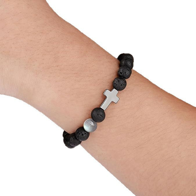Minimalist 8mm Cross Moonstone Volcanic Stone Beaded Bracelet Unisex