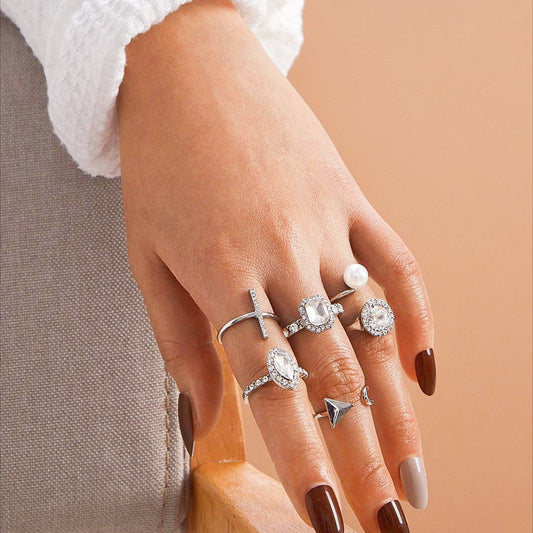 Elegant Fashion Geometric Alloy Ring Set with Pearl and Rhinestone Inlay for Women