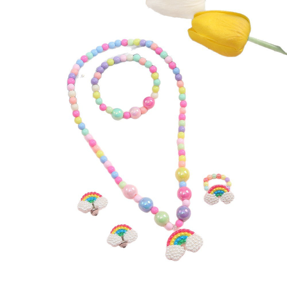 Conjunto de collar infantil de resina con unicornio arcoíris, sirena y conejo de dibujos animados, con colores caramelo y cadena de cuentas