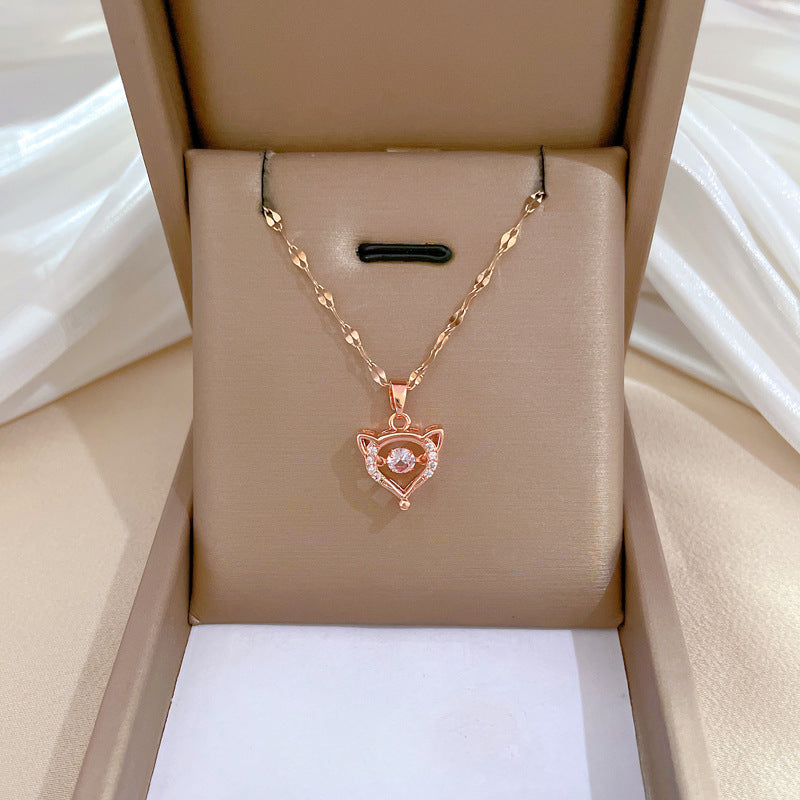 Cute Fox-Shaped Minimalist Titanium Steel Necklace with Rhinestone Inlay for Women, Dainty Clavicle Chain