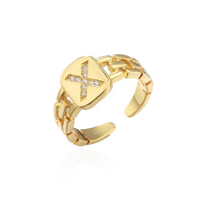 Minimalist Letter Shape Copper Ring with Micro-Pavé Setting Adjustable Geometric Band