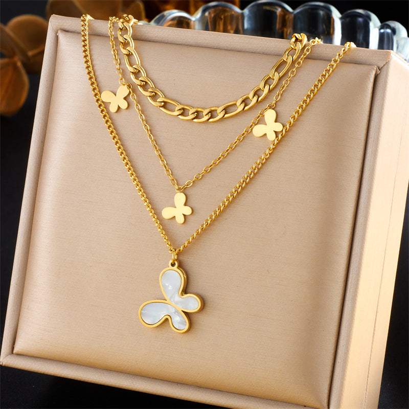 Vintage Fashion Stainless Steel Multi-Layer Irregular Heart Floral Bow Pendant Necklace