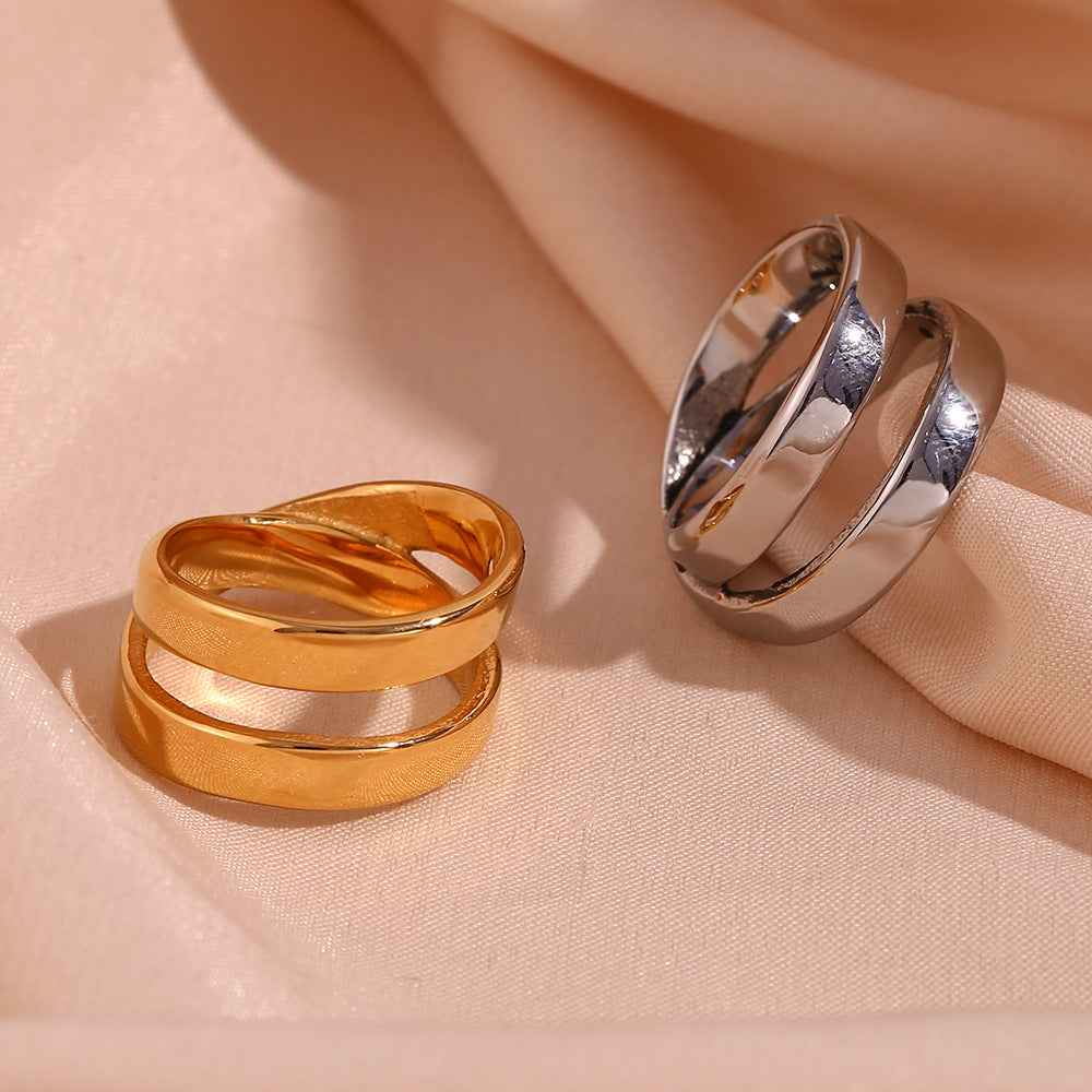 Minimalist Geometric Stainless Steel Plated 18K Gold Double Layer Cross Ring for Women