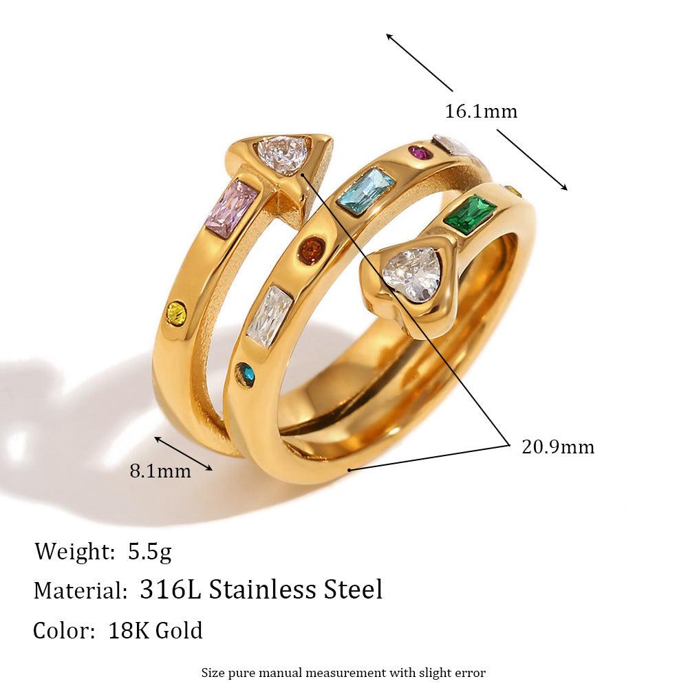 Anello da donna minimalista a forma di cuore e freccia in acciaio inossidabile con placcatura in oro 18K e dettagli in zirconi