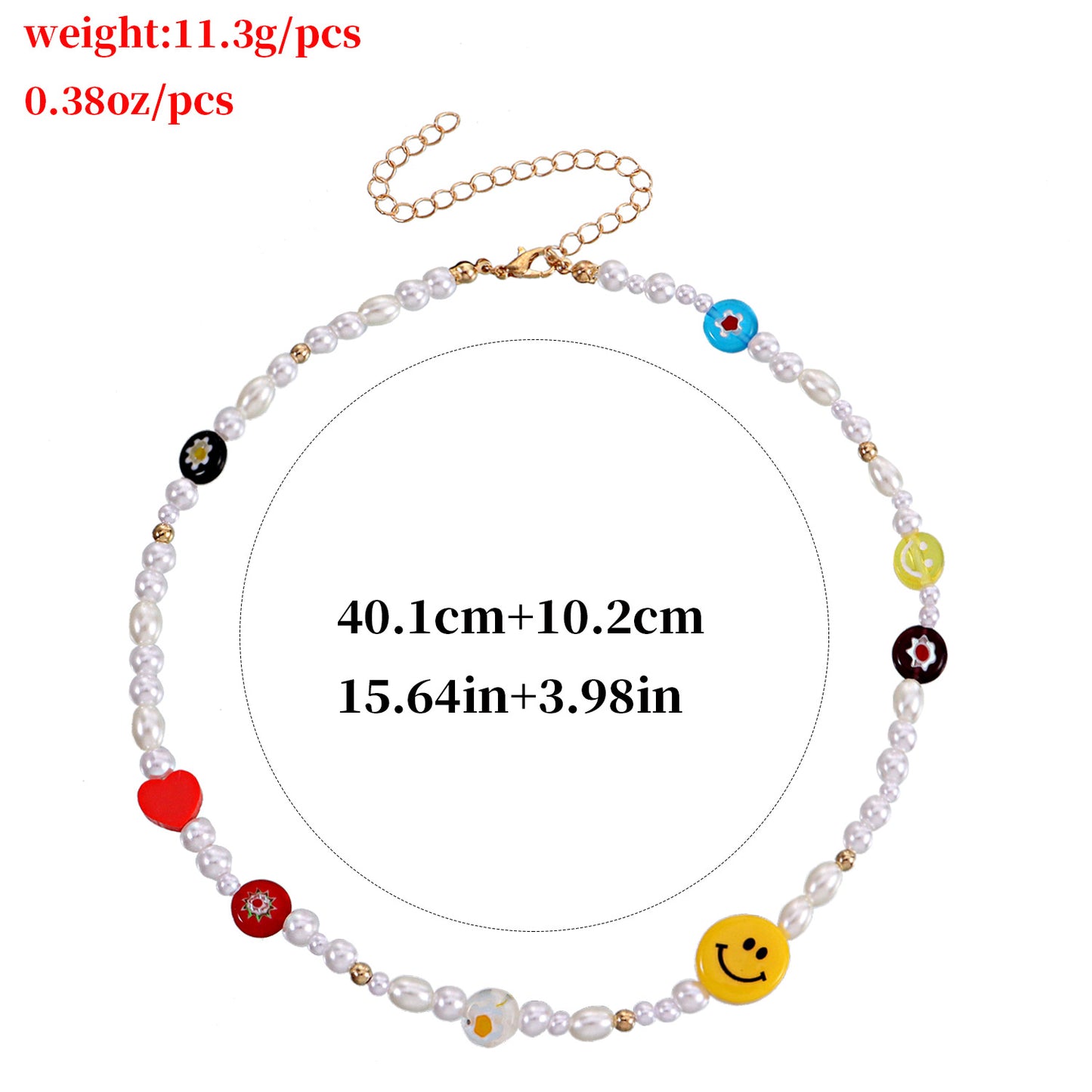Yellow Smiley Face Acrylic Necklace with Red Heart-Shaped Polymer Clay and Glass Flower Pendant on Clear Fishing Line Chain